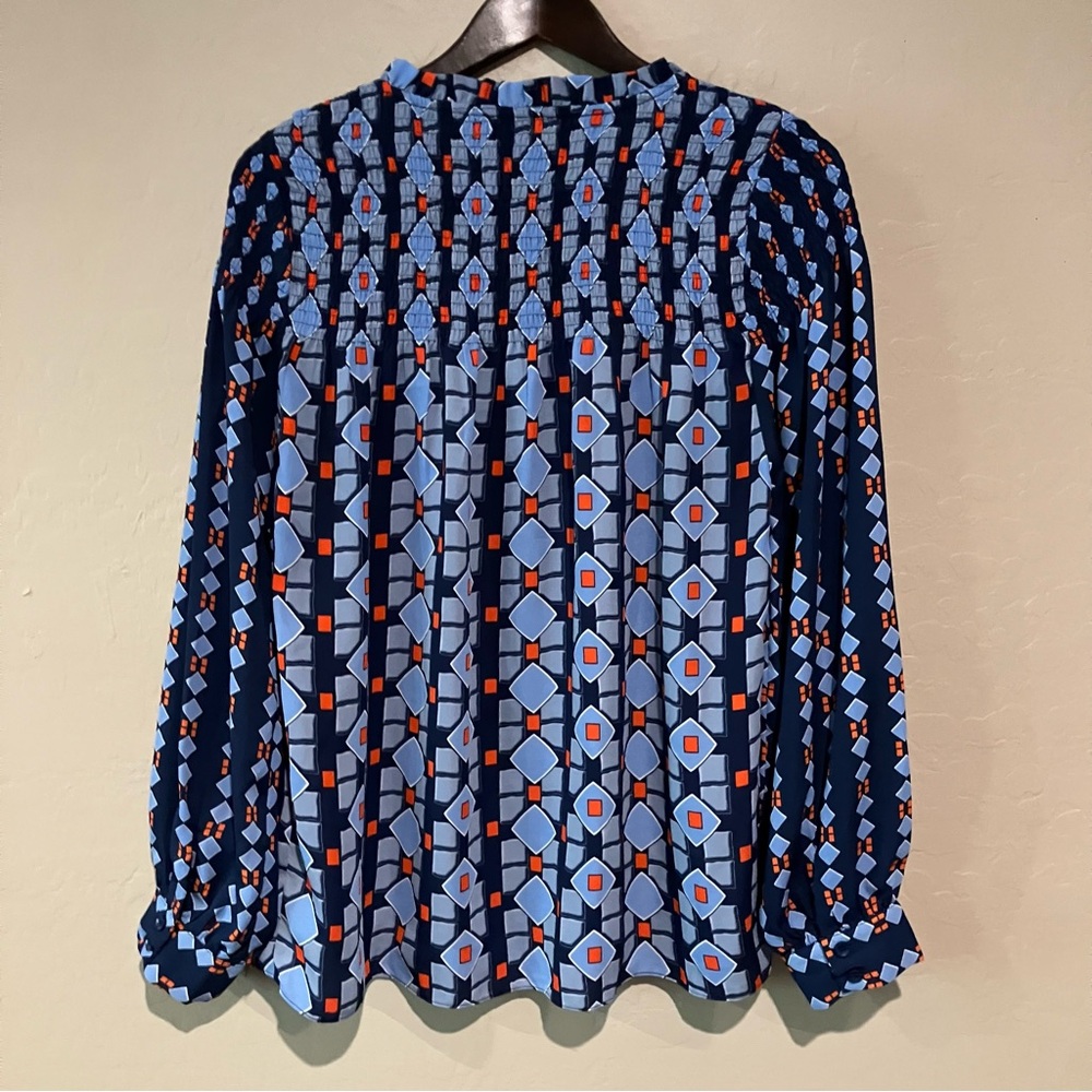 Jade Melody Tam Blue Navy Smocked Neck Tie Peasant Boho Long Sleeve Blouse Sz M - Picture 9 of 14
